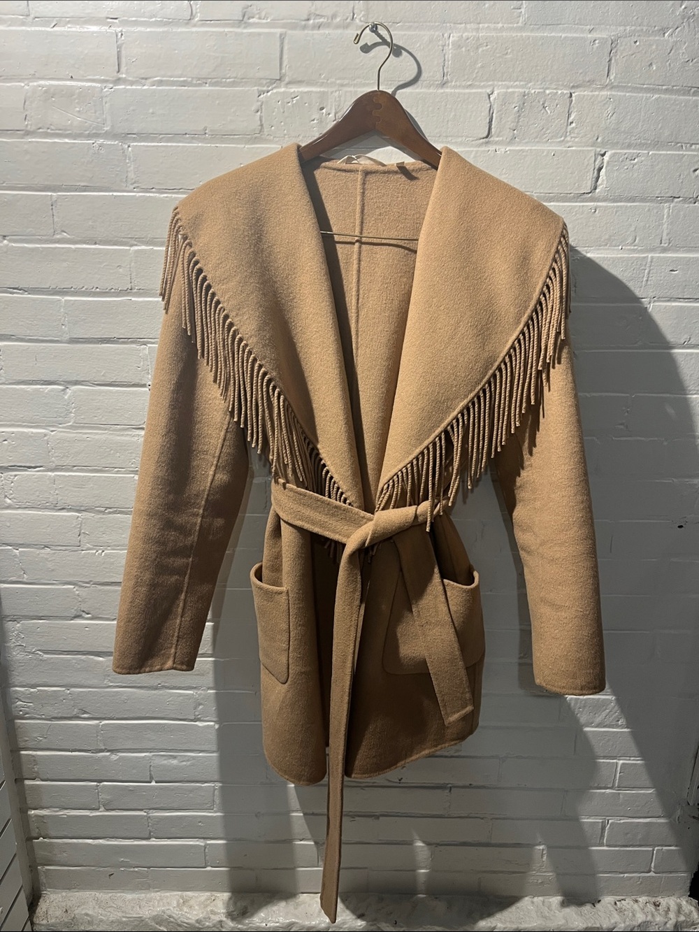 Soft Surroundings Camel Fringe Tie-Waist Trench Coat